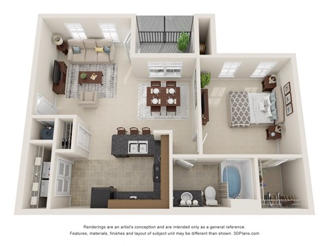 Floor plan for 1 bed, 1 bath, 768 sqft
